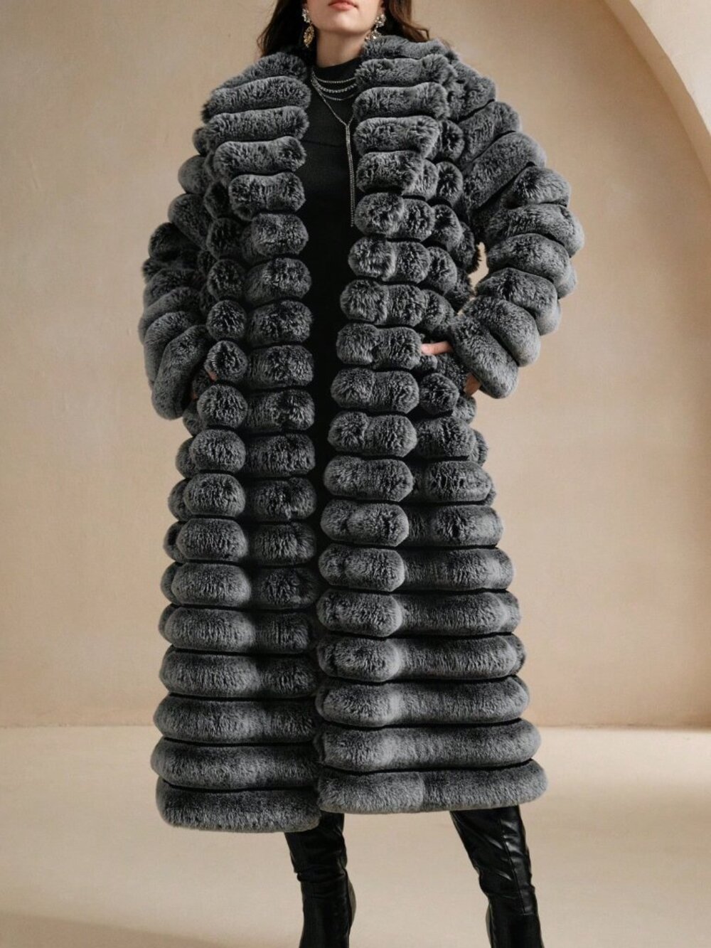 Black And White Plain Women's Fuzzy Single-Breasted Long Coat - Picture 7 of 8